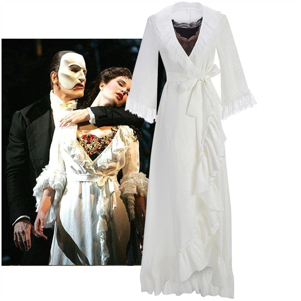 

Musical Rock The Phantom of the Opera Kristen Cosplay Costume Women White Gown Fancy Beach Ruffles Dress Night-Robe Halloween