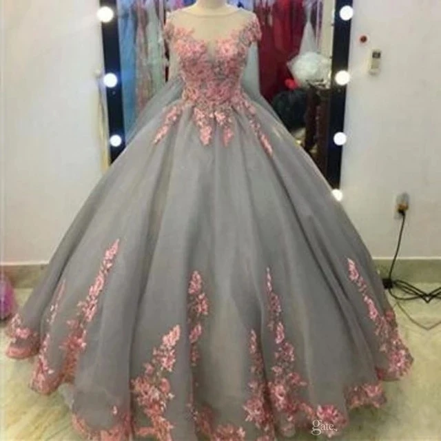 

ANGELSBRIDEP Quinceanera Dresses Pink Floral Lace Appliques Gray Tulle Ball Gowns Prom Dresses Special Occasion Tiered Skirts
