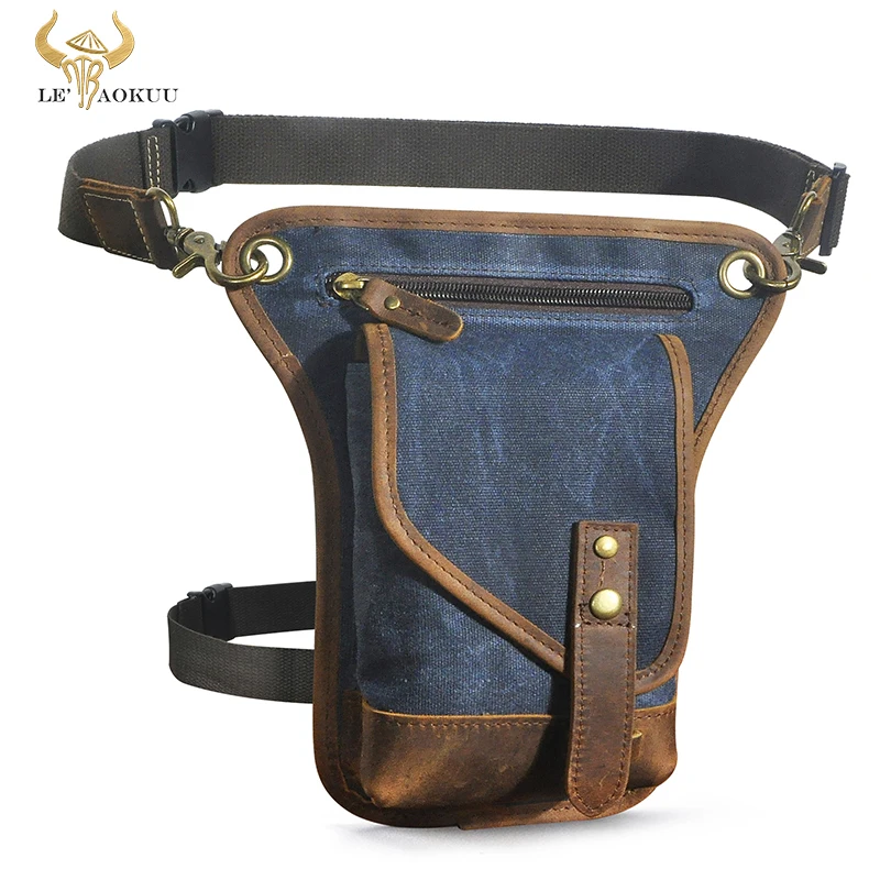 

Waterproof Canvas+Quality Cow Leather One Shoulder Bag Design Travel Fanny Belt Waist Pack Drop Leg Thigh Bag For Men Male 211-6