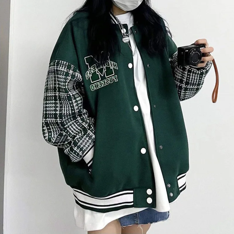 

Varsity Bomber Jacket Cyber Y2k Female Spring Baseball Basic Jaket Hiphop 2022 Techwear Single Breasted Patchwork Women Coat