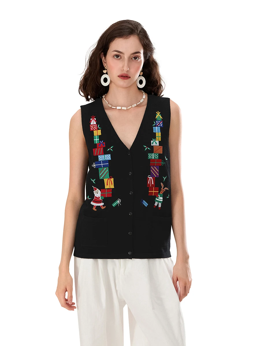 Женский осенне-зимний свитер жилет с v-образным вырезом и рождественским узором