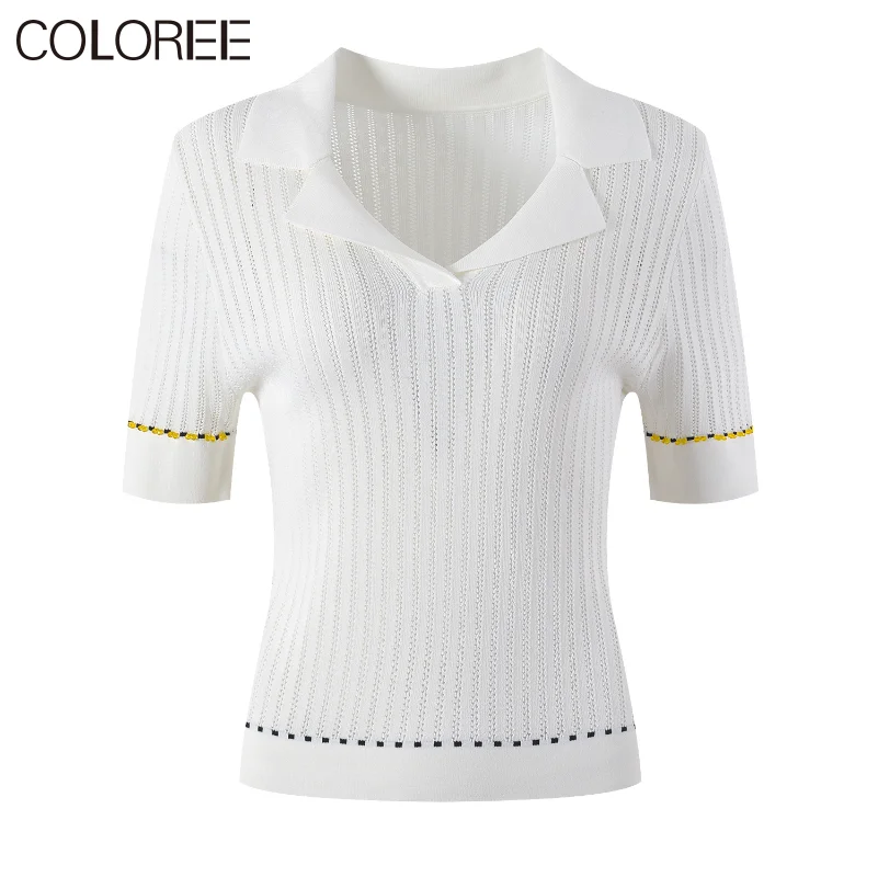 

Женский тонкий трикотажный топ, повседневная подиумная Дизайнерская одежда с отложным воротником и коротким рукавом, лето 2023