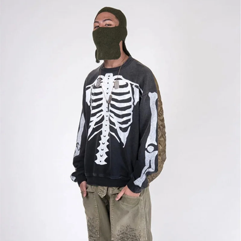 

KAPITAL 24AW Japanese Style Chapped Bone Print Patchwork Dilapidated Retro Crew Neck Sweater Men and Women
