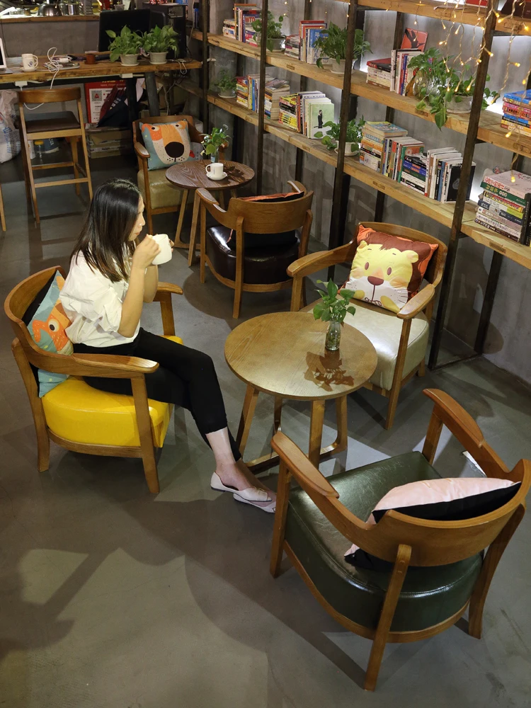 

Leisure coffee shop table and chair combination card seat catering furniture solid wood reception negotiation sofa chair