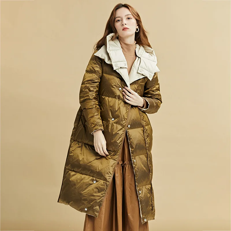 

Женский зимний пуховик 90% с белым гусиным пухом, Двусторонняя одежда, новая Длинная ветровка, верхняя одежда