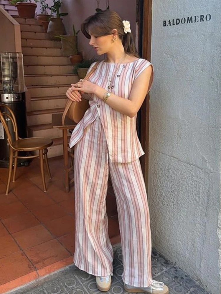 Полосатый жилет брюки женские повседневные свободные топы с косыми пуговицами и