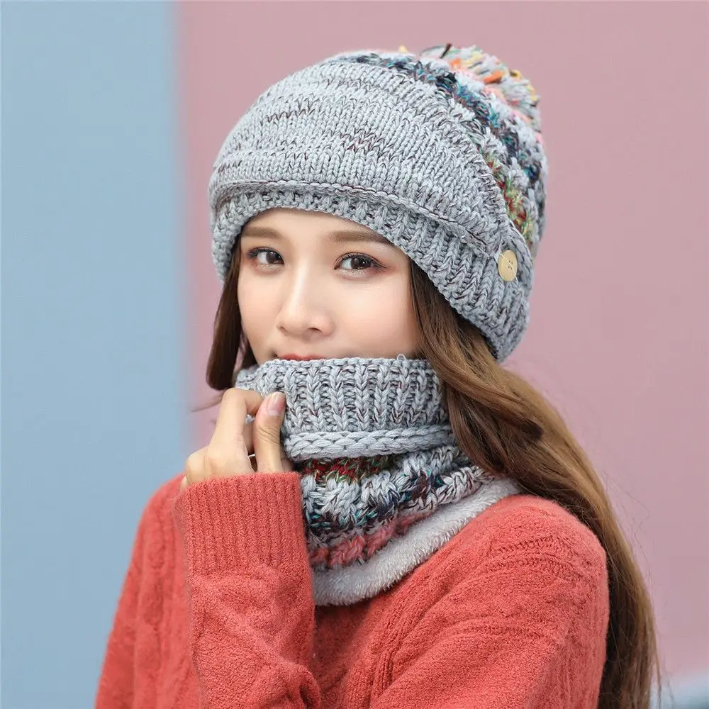 

Winter Knitted Fleece Lined Scarf Cycling Beanies with Pompom Women's Hat Scarf Mask Ski Hat