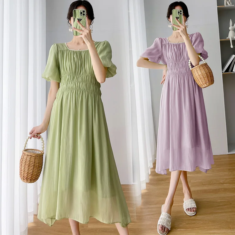

637# 2022 Summer Korean Fashion Maternity Long Dress Elegant A Line Slim Loose Clothes for Pregnant Women Pregnancy Party Dress