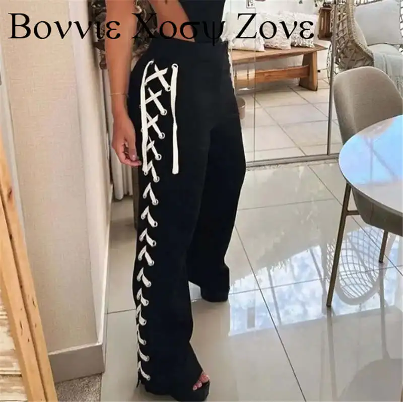 Pants For Women 2023 Side Lace-up Contrast Paneled High Waist Casual Pants