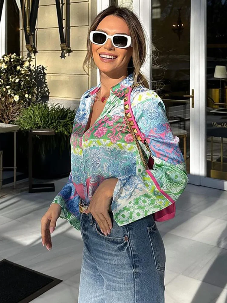 

Рубашки для женщин 2023 модная винтажная лоскутная рубашка с богемным принтом и V-образным вырезом спереди на пуговицах, свободная рубашка с длинным рукавом, топ