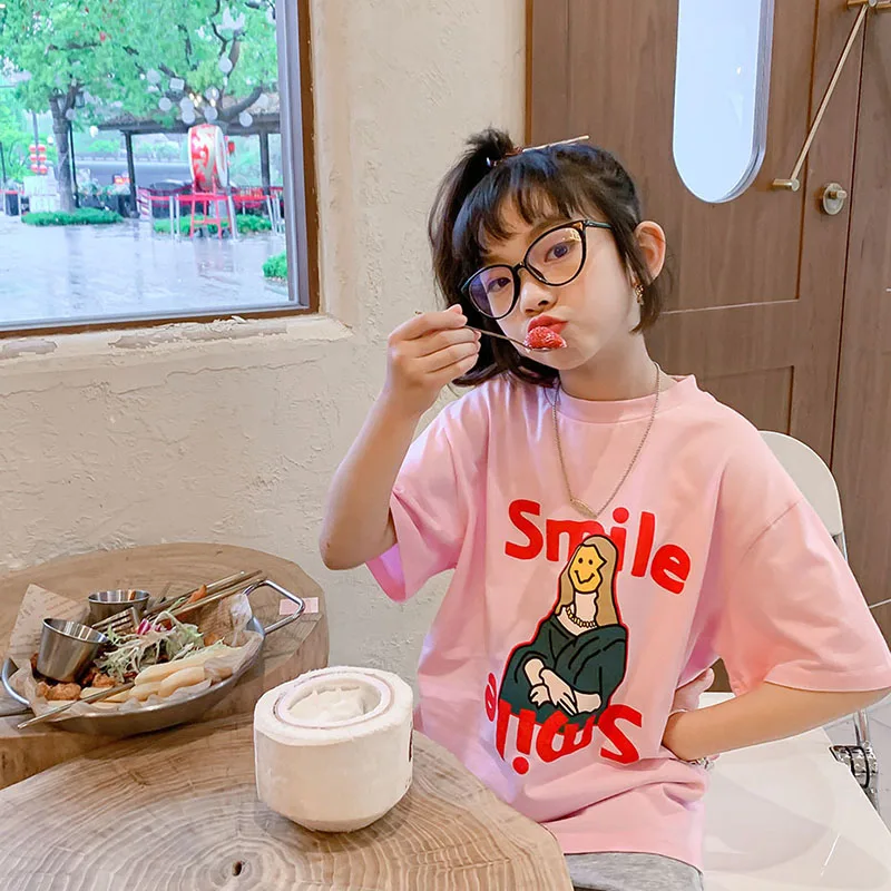 

Футболка для девочек с коротким рукавом Новинка 2022 летняя одежда для детей среднего и старшего возраста летняя тонкая футболка 7-69