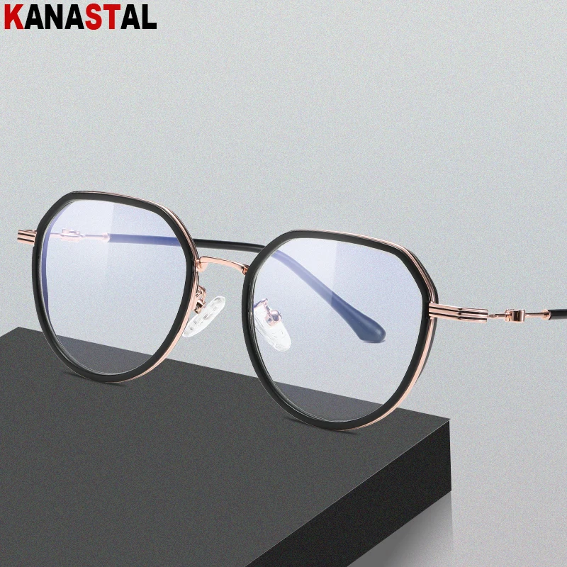 

Women Blue Light Blocking Glasses TR Metal Round Eyeglasses Frame Retro Computer Eyewear Anti Ray Ultralight Men Myopia Glasses