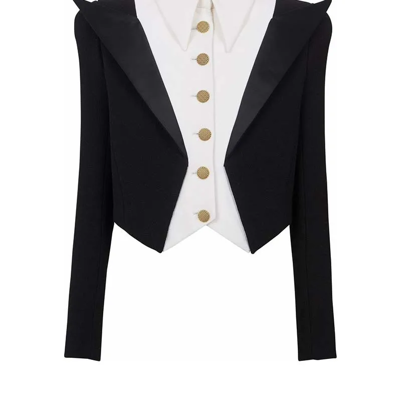 

Классический женский черный короткий Блейзер, модная подиумная новая золотистая однобортная куртка с лацканами и поясом, женская одежда высокого качества