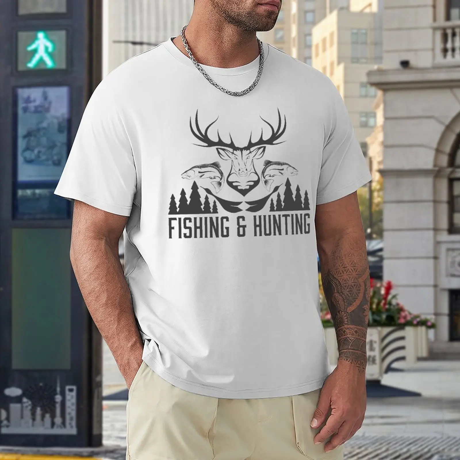 

Tshirt Hunting And Fishing in Vintage Emblem Design Antler Horns Mallard Pine Tree (6) Activity Competition USA Size High Qua
