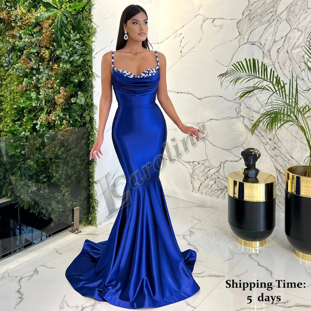 

Caroline Trendy Satin Mermaid Beading Crystals Luxury Celebrity Gown Pleat Evening Dress Personalised Drop Shipping De Fiesta