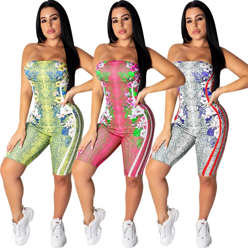 Сексуальный женский комбинезон летний обтягивающий с цветочным принтом