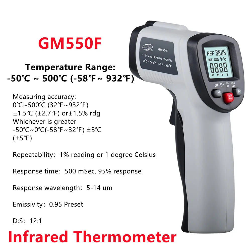 

Инфракрасный термометр GM550F, Бесконтактный лазерный измеритель температуры, пистолет с ЖК-дисплеем, Промышленный пирометр, 5 шт., диапазон температур от-50 ℃ до 500 ℃