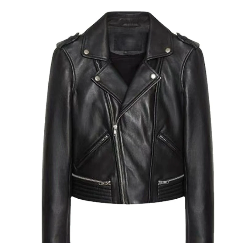 Classic Women's Flap Collar Long-sleeved Biker Jacket 2022 Early Spring New Commuter Slim Black Leather Jacket Short Jacket