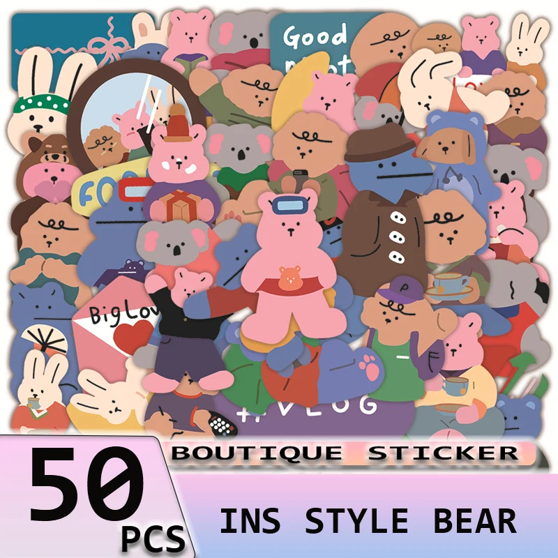 

50PCS INS Style Stickers Cute Bear Cartoon Stationery for Laptop Bike Travel Luggage Guitar Waterproof Hand Account Decal Toys