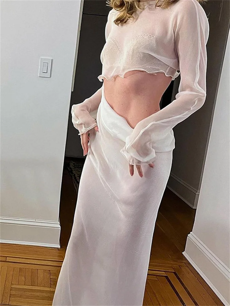 

hirigin Mesh See Through Long Sleeve Crop Tops Shirts Long Maxi Skirts Women Outfits Sexy Party 2 Pieces Set Club 2022 Summer
