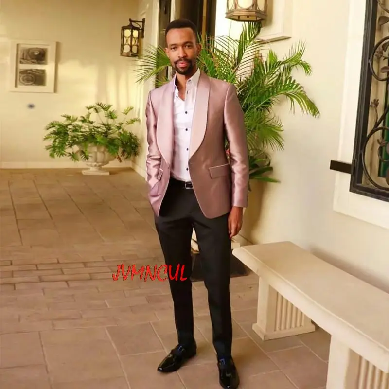 

Satin Slim Fit Mens Suits Latest Design Wedding Grooms Tuxedos Shawl Lapel Formal Blazer Long Sleeves Prom Suit (Jacket+Pants)
