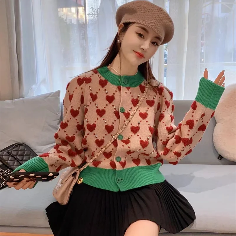 

2022 new fashion retro love pattern knitted cardigan autumn and winter color-blocking single-breasted sweater women all-match