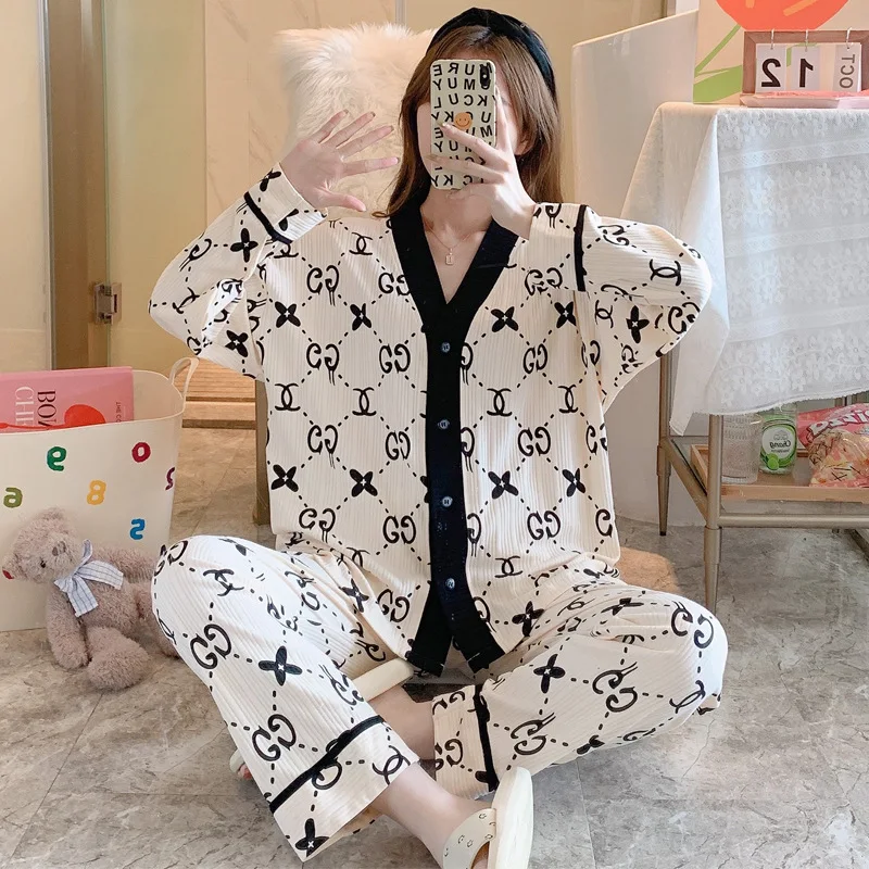 2023 New Cotton White Hearts Printed Cotton Sleepwear Texture Cotton Spring Autumn Loose Size Kawaii Pajama Young Gril Pijamas