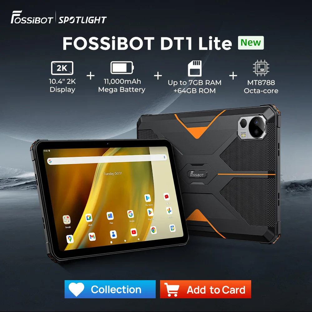 Fossibot DT1 Lite,Android 13 Rugged Tablet 10.4'' 2K-Large Screen, 11000mAh Battery,Four Hi-Res Speakers Pad,4GB RAM 64GB RAM