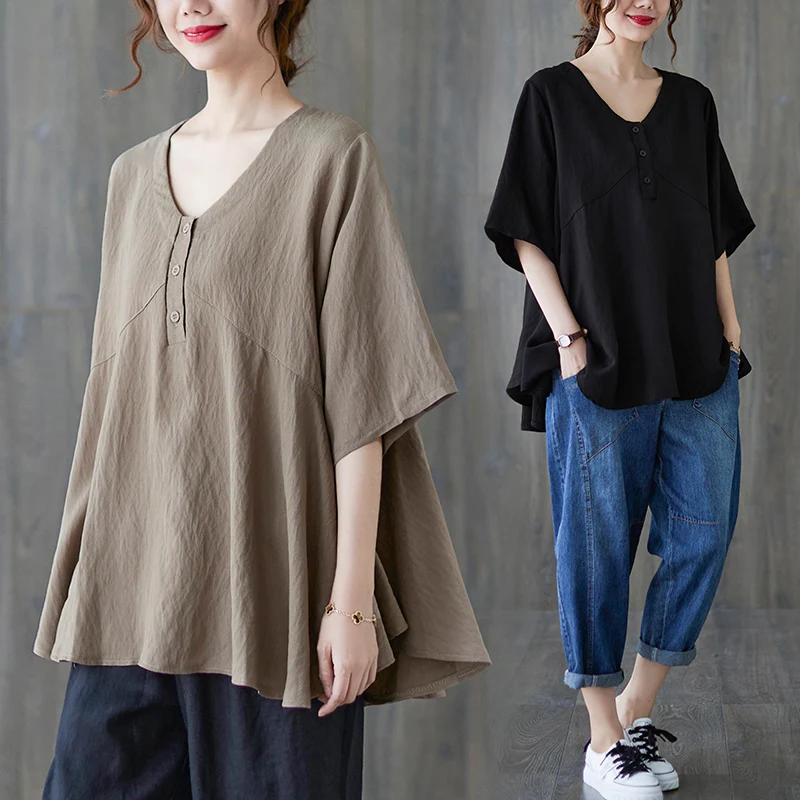 

2021 Summer New Women's Loose Solid T-shirt V-neck Medium Sleeve Top Women