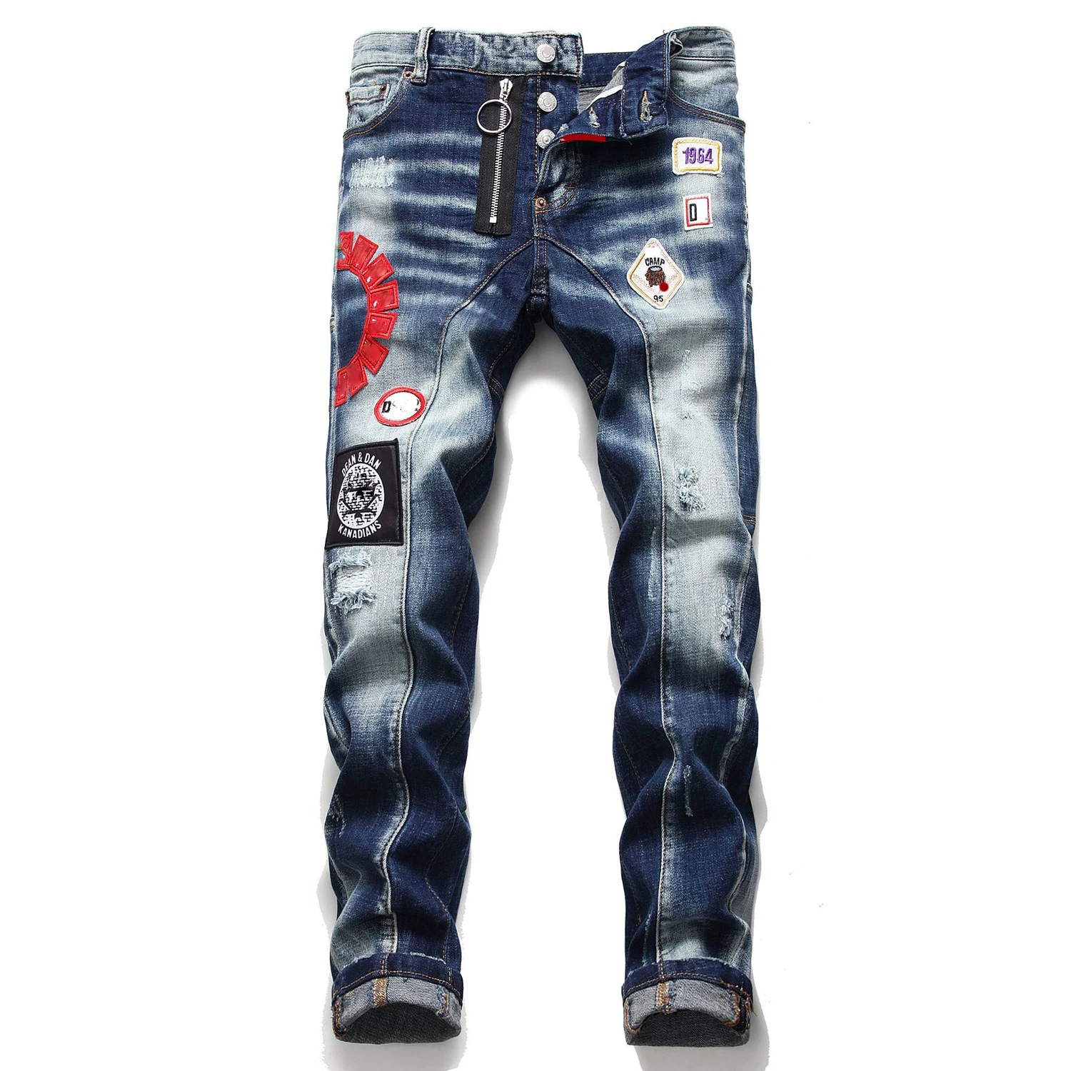 

Light luxury men’s slim fit ripped denim pants high quality badge decors blue jeans scratches sexy casual jeans pants;