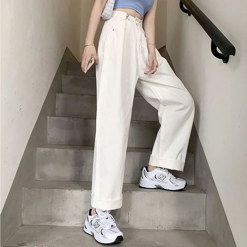 Women White Boyfriend Wide-leg High Waist Pants 2023 Loose Korean Jeans for Female Straight Mom Denim Trousers Streetwear Spring