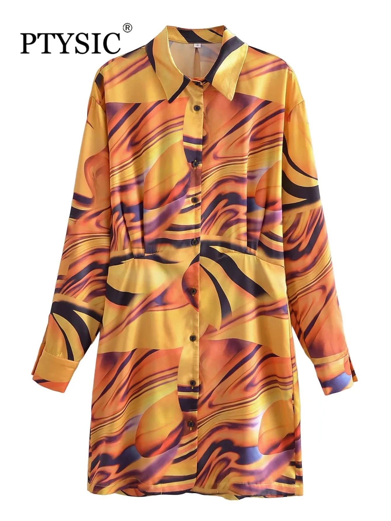 

Модное женское платье-рубашка PTYSIC с геометрическим принтом маслом, прямое винтажное мини-платье с длинным рукавом, лето 2022