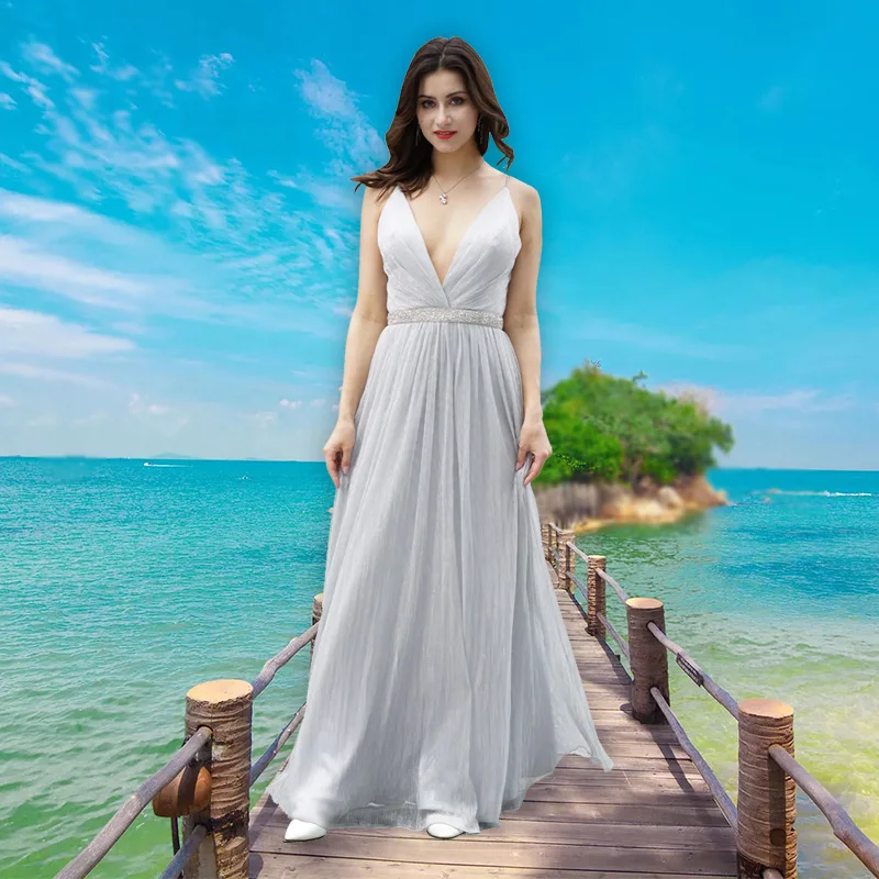 

Sexy Deep V-Neck Evening Dress Spaghetti Straps Formal Dress Sleeveless Floor Length Elegant Simple Wedding Party Gowns