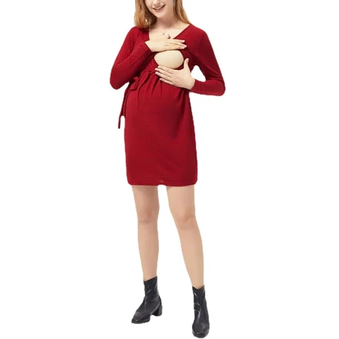Платье для беременных Одежда для беременных женщин платье для кормящих матерей повседневное однотонное платье с длинными рукавами для кормящих матерей
