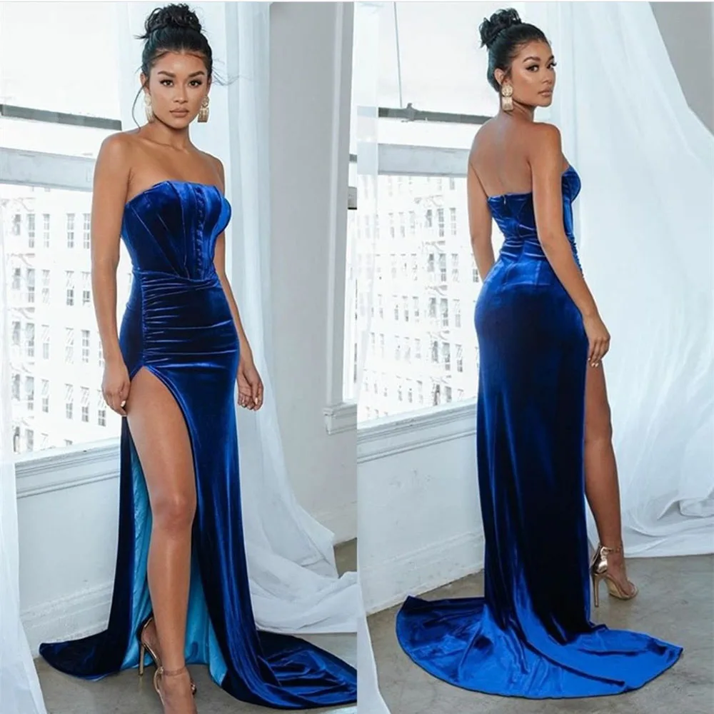 

2023 Modern Long Royal Blue Velvet Evening Dresses Mermaid Sweep Train Robe De Soiree Corset Back Party Gowns for Women