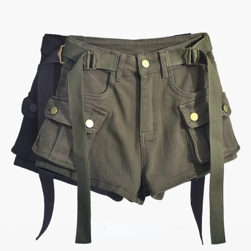 

Belt Pockets Safari Style Zipper Fly Shorts Summer Cargo Denim Short Pants High Waist Khaki Y2k Vintage Women Mini Trousers