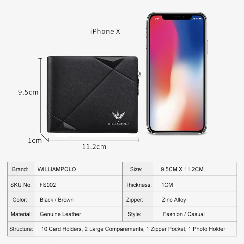 WILLIAMPOLO Men's Slim Wallet Genuine Leather Mini Purse Casual Design Bifold Wallet Brand Short Slim Wallet 3