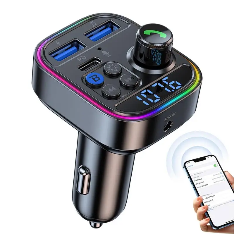 

Wireless Car Charger Transmitter Fast Charging Wireless 5.3 PdUSB Car Charger 7-Color Atmosphere Light 3-Port Audio Music