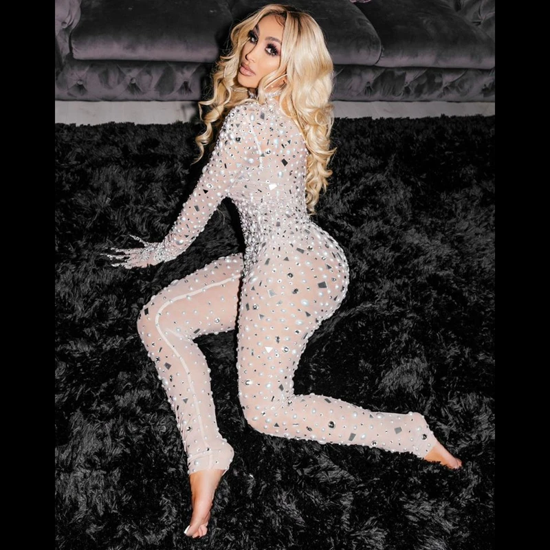 Роскошный женский прозрачный комбинезон с жемчужинами и зеркалом