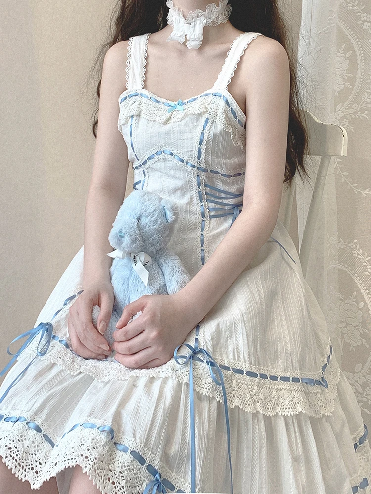 

Sweet Lolita Style Dress Women Summer Cute Ribbon Bow Lace Trim Strap Dresses Girly Harajuku Princess Kawaii Dress Vintage