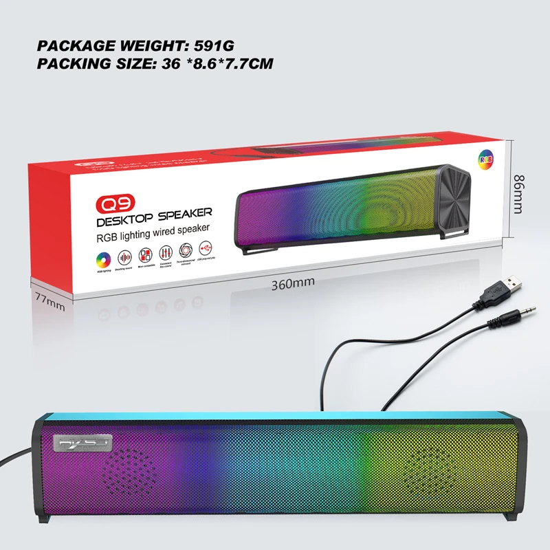 Q9 RGB Light Wired Soundbar Column Speaker 9 Kinds Of Lights Can Be Adjusted Long Sound Bar Computer TV Game Speakers 3.5mm Plug |