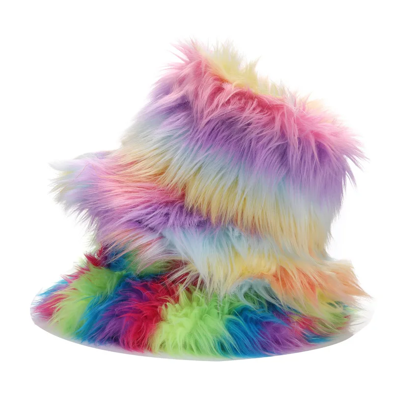

2022 autumn and winter European and American personality trend plush basin hat long fur fur rainbow gradient fisherman hat women