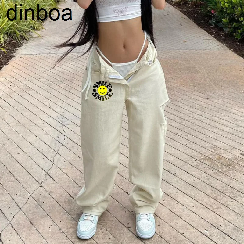 

Модель 2022 года, повседневные Прямые брюки с принтом улыбающегося лица, женские рваные джинсы Y2k, женские свободные прямые брюки с высокой та...