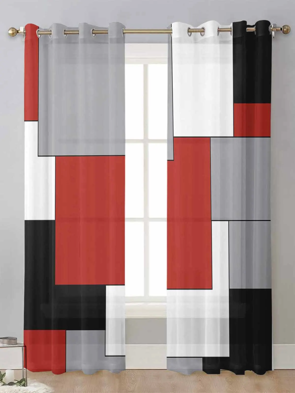 

Red Black Grey Patchwork Abstract Art Medieval Style Sheer Curtains Living Room Window Voile Tulle Curtain Drapes Home Decor