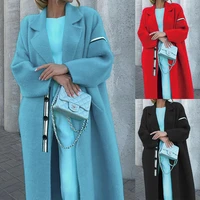 womens casual blue loose button long coat 2022 autumn winter fashion new red lapel jacket elegant office lady black overcoat
