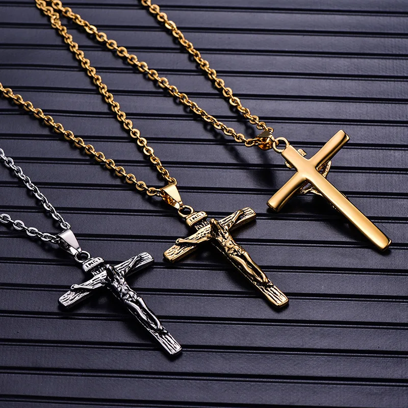 

Fashion Trendy Vintage Titanium Steel Cross Pendant Necklace for Men Jesus Christian 3 Style Party Gift O-chain Boyfriends Rock