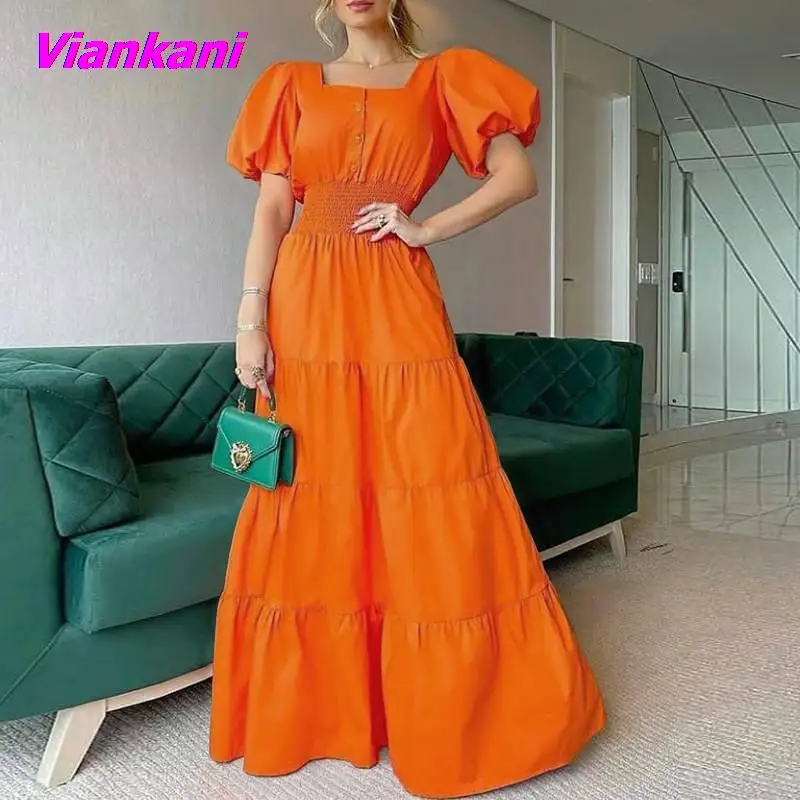 

Summer Sexy Party Dress Women Solid Button Puff Shoulder Long Shirt Dresses Elegant Turn-down Collar Office Lady Maxi Dress