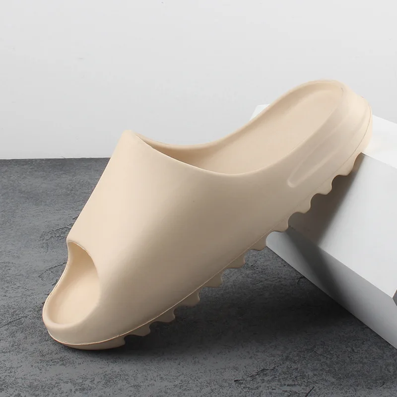

Summer Indoor Home Male Slipper Thick Sole Non-slip Beige Slippers Men Couple Peep Toe Chunky Shoes Unisex Bathroom Flat Slides