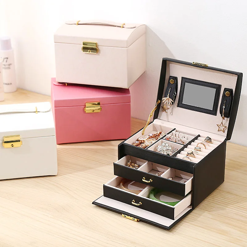 Wholesale Three-Layer PU Leather Jewelry Storage Box with Double Drawers Case Jewelry Packaging and Display Storage Box Cajas