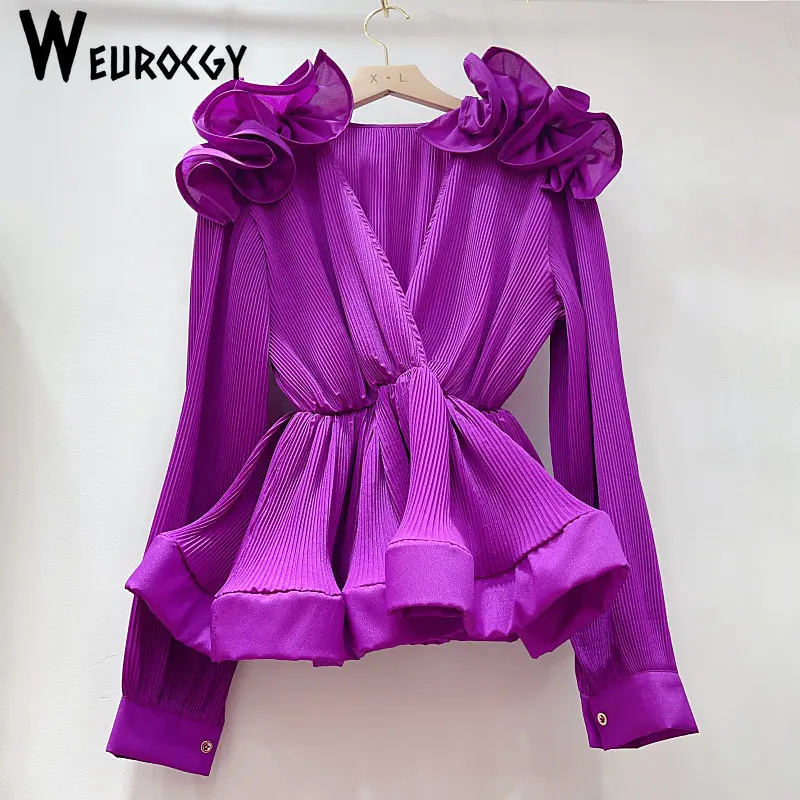 

Women Tops 2023 Spring New Personality Elegant Solid V-neck Ruffles Patchwork Waist Closed Folds Blouse Female Tide Office Lady